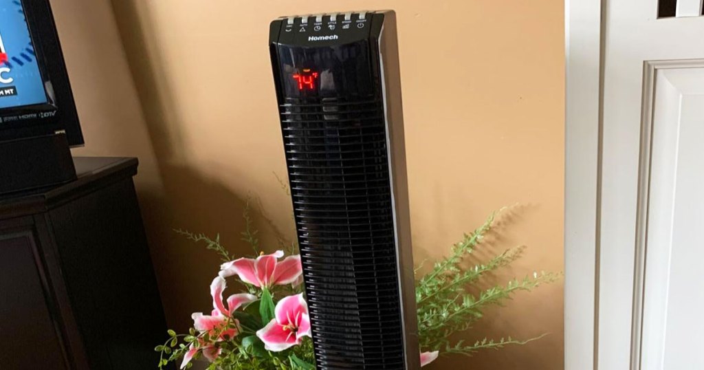 black tower fan in living room