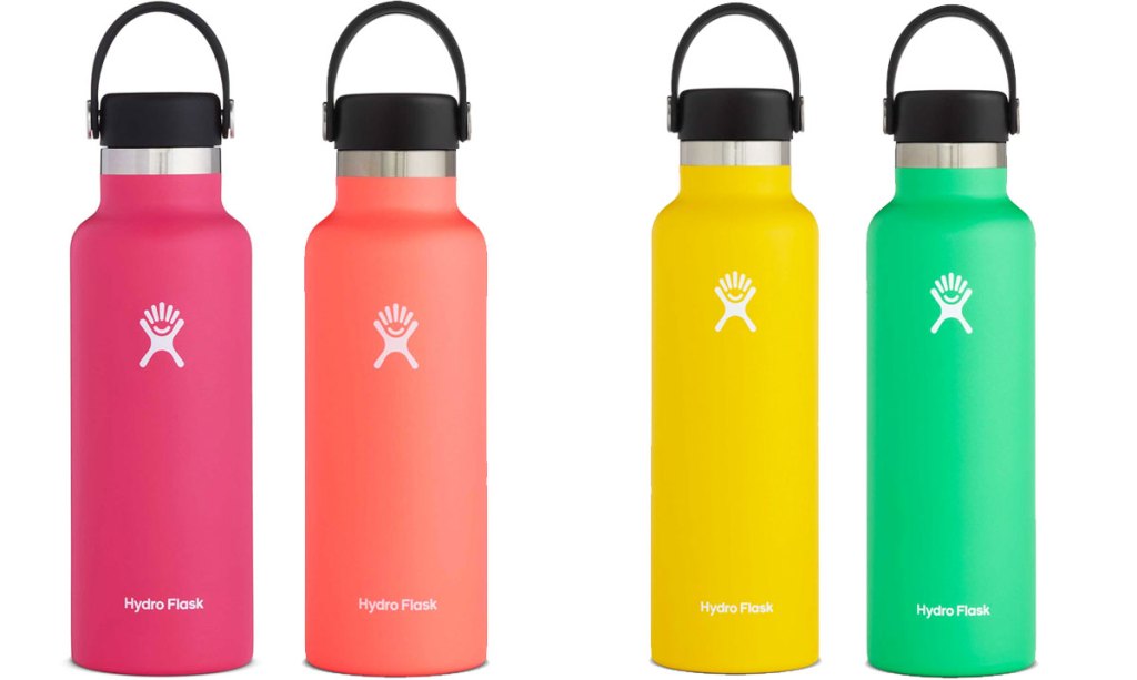 four hydro flask bottles in bright colors