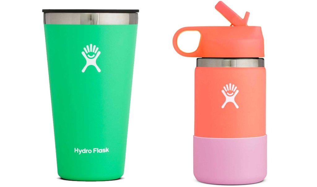 green hydro flask tumbler and pink kids water bottle