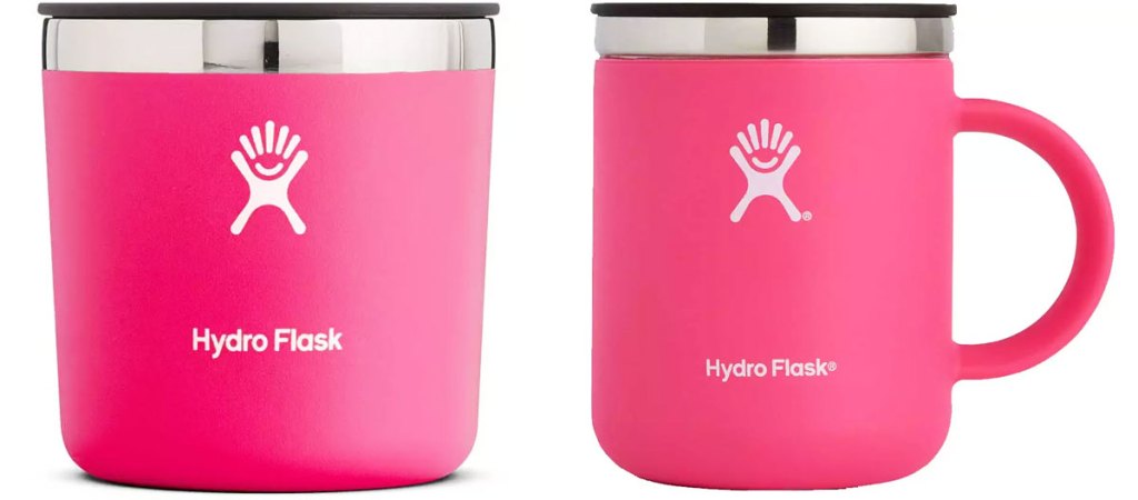 short pink hydro flask tumbler and coffee mug