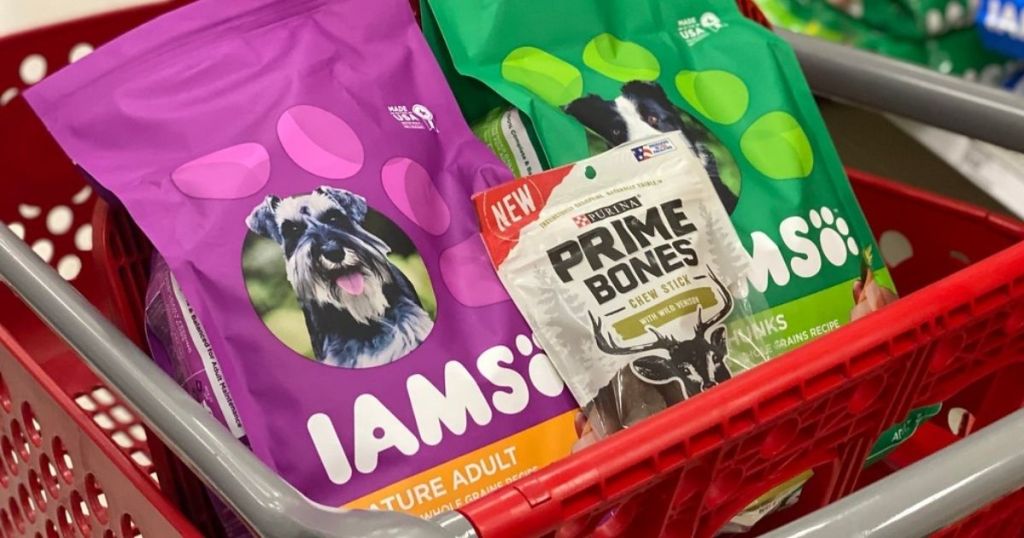 Iams Dog Food and Prime Bones in front of shopping cart at Target