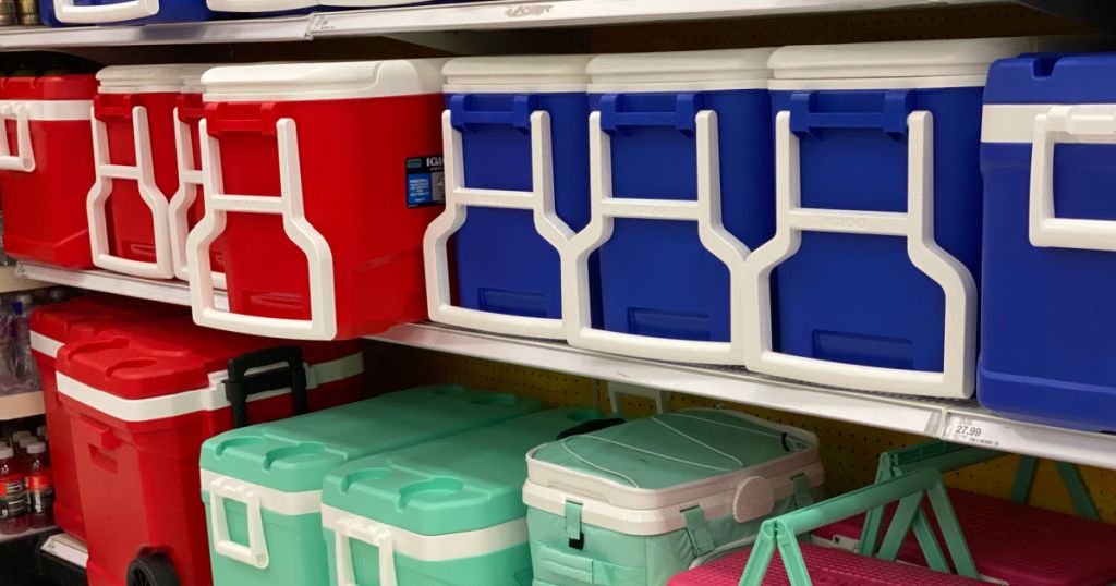 red and blue cooler on shelf 