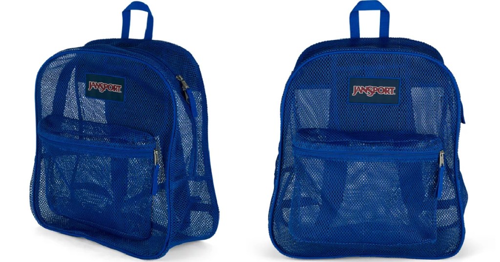 side and front views of Jansport blue backpack
