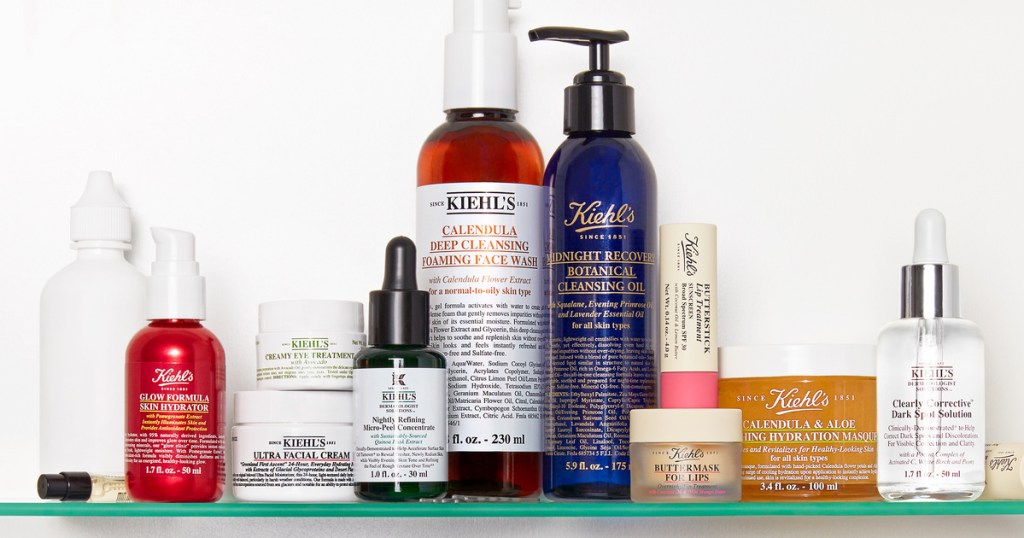 skin care products on bathroom shelf