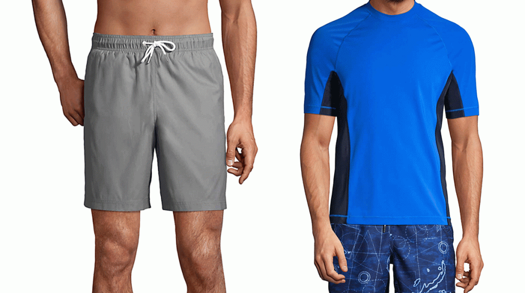 two men in grey board shorts and blue rash guard