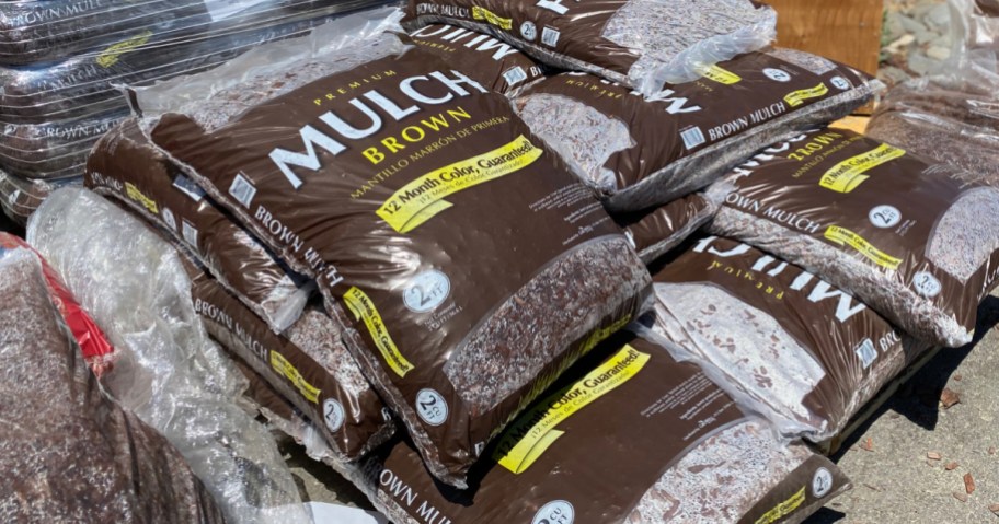Large bags of Mulch on display outside of store