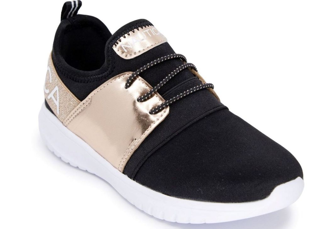 black, gold and white sneaker