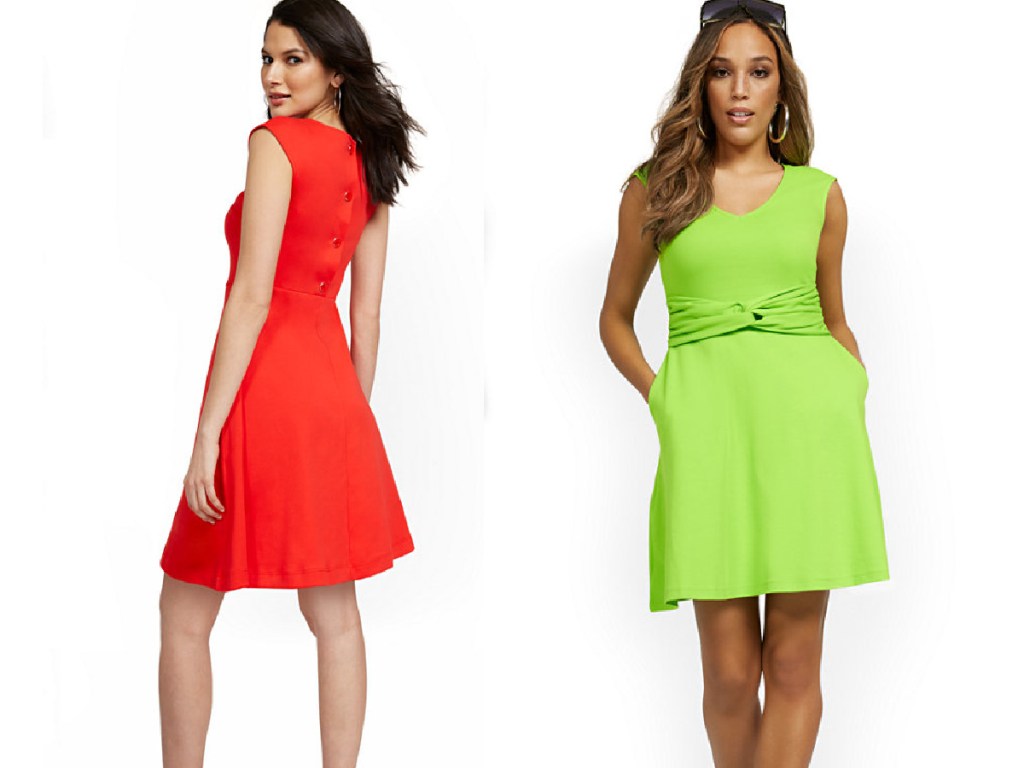 red and green city knit dresses