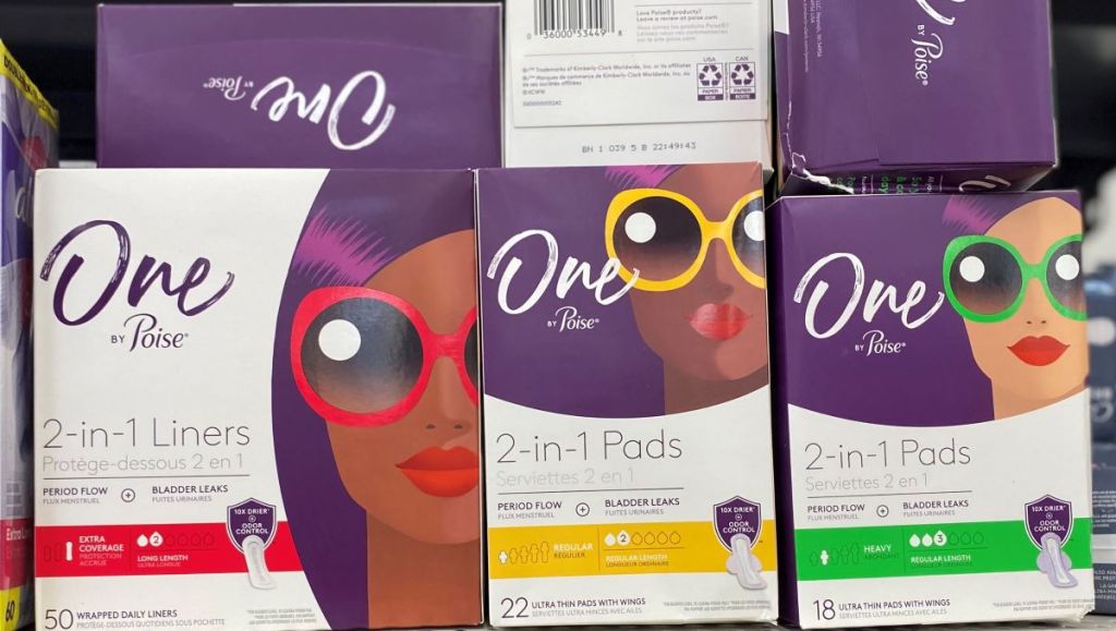 One by Poise LIners on a shelf