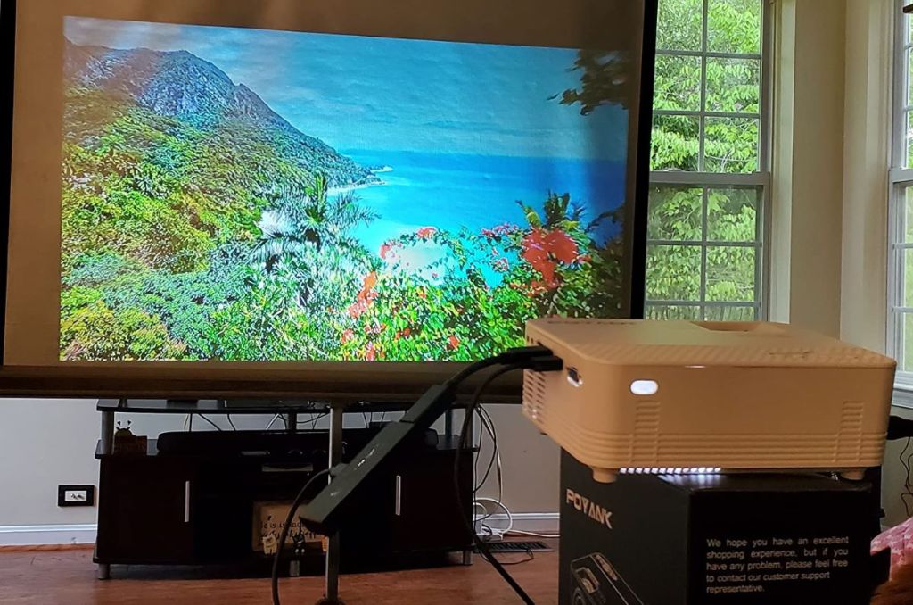 projector showing a beach scene on a screen