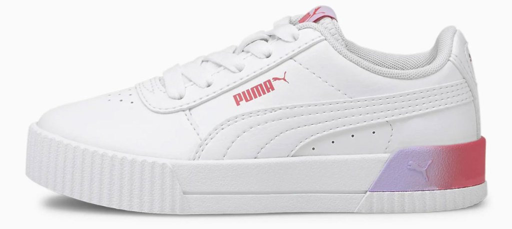 white puma sneaker with pink details
