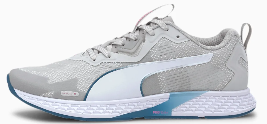grey, white and blue women's shoe
