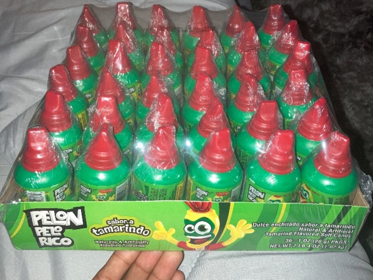 a case of Pelon Pelo rico tamarind candy bottles