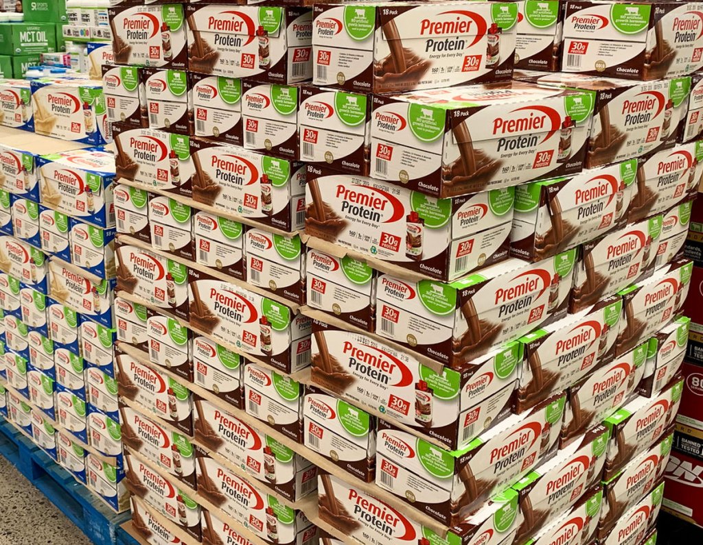 boxes of premier protein shakes stacked on pallets