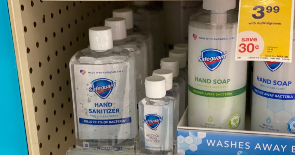 hand sanitizer and soap on shelf 