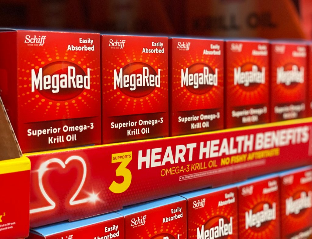 display of megared krill oil boxes at costco