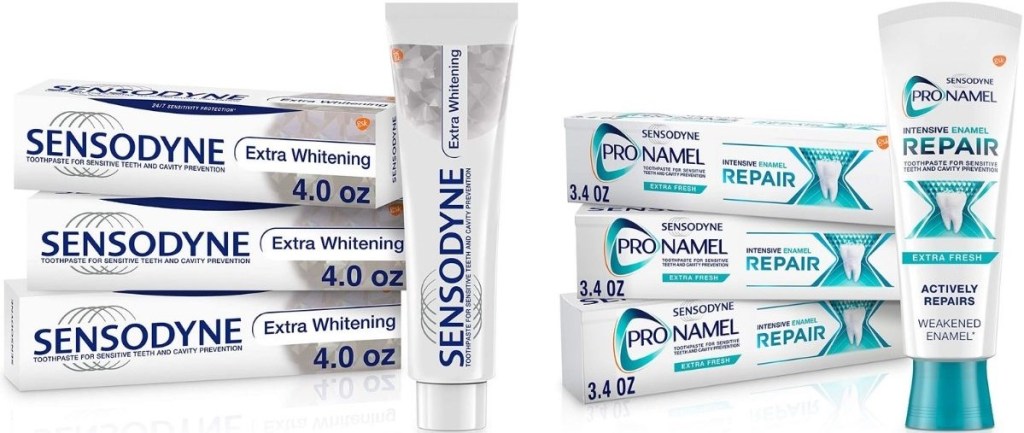 two packs of Sensodyne toothpaste