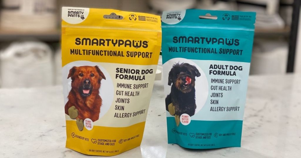 two bags of SmartyPaws Dog Supplements