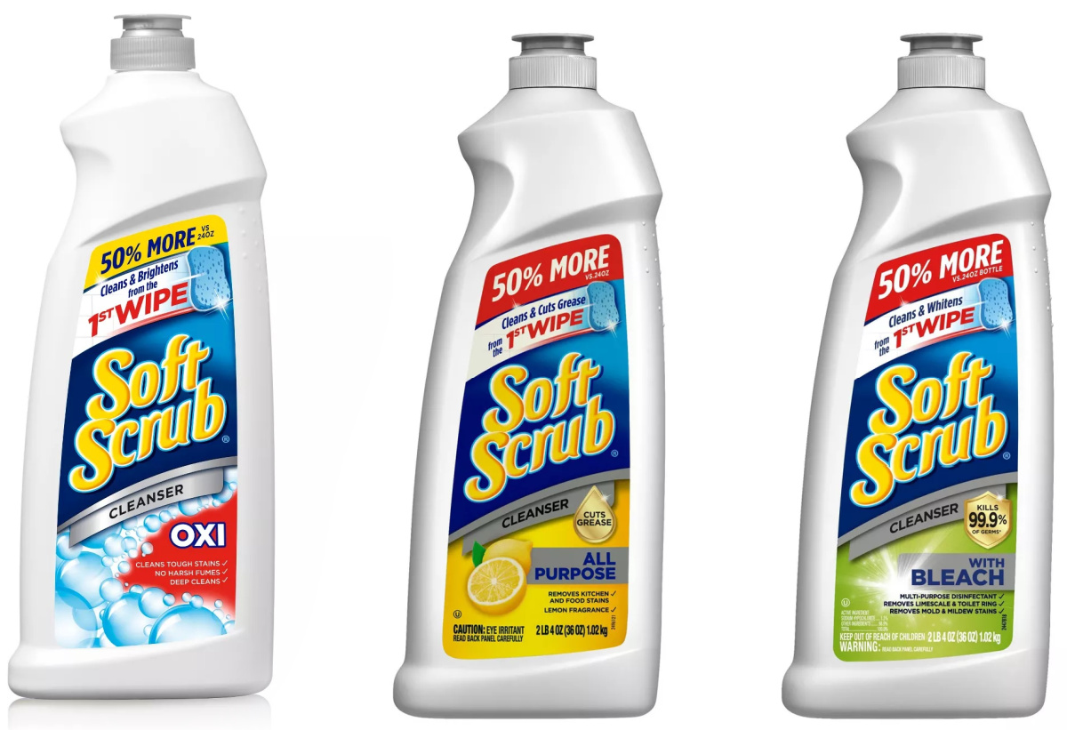 three bottles of Soft Scrub cleanser