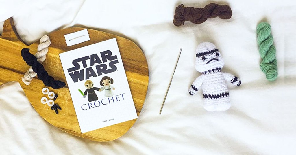 star wars crochet booklet and storm trooper with crochet needle
