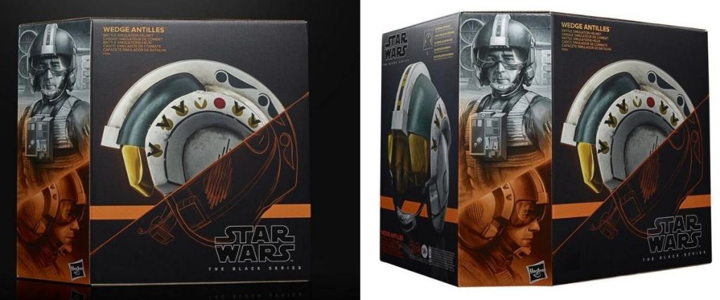 2 views of packaging of Star Wars Wedge Antilles The Black Series Replica Helmet