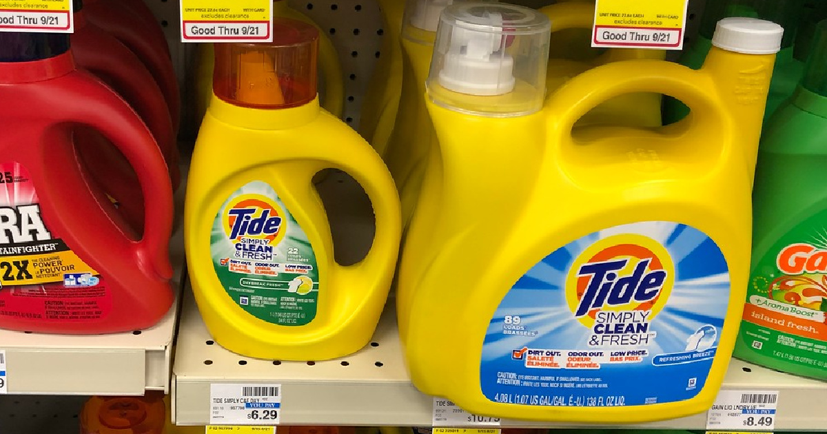 bottles of laundry detergent on a store shelf