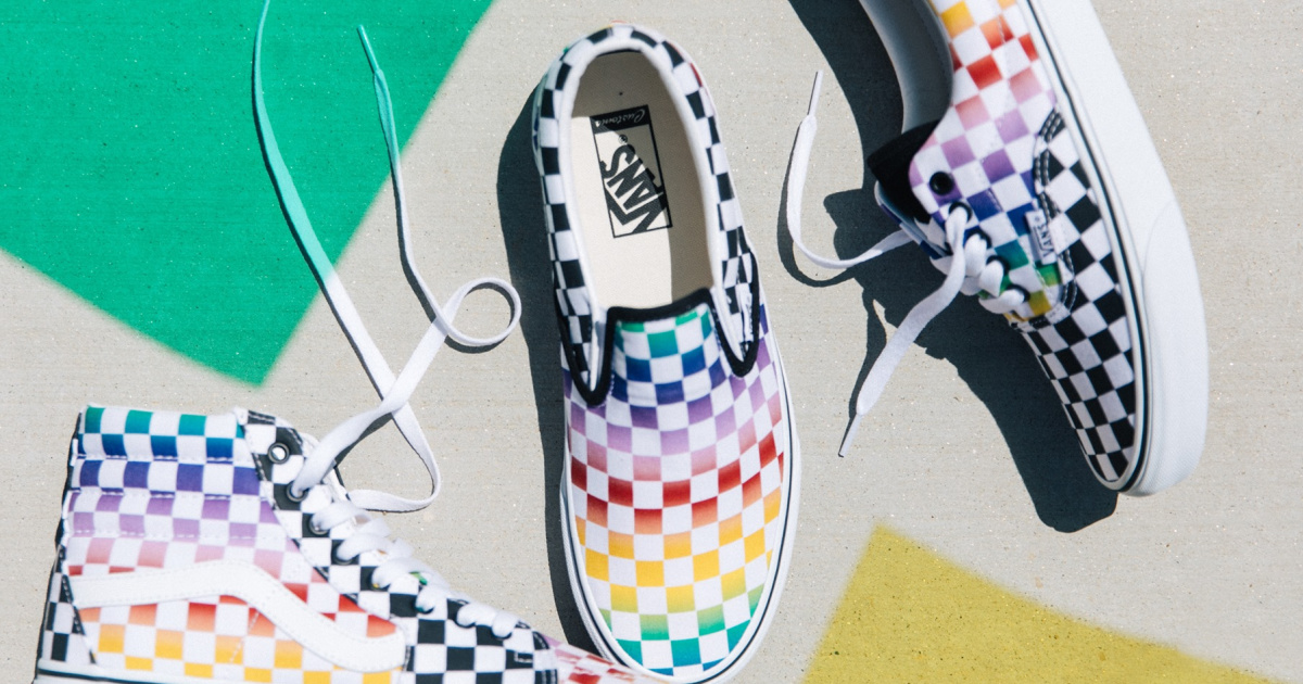 three Vans skater shoes in colorful print