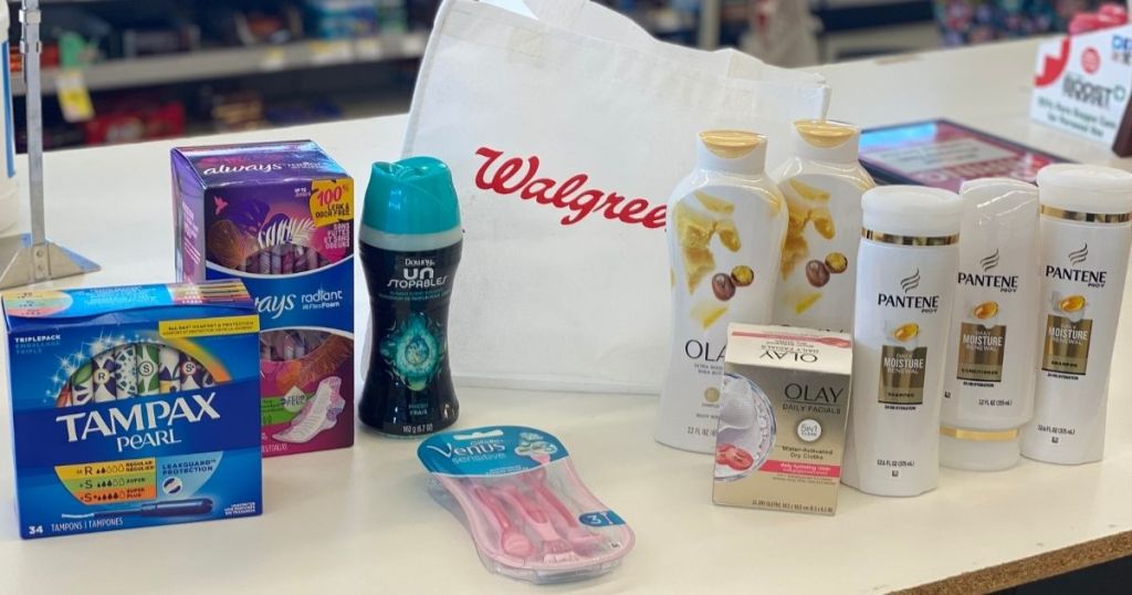 group of P&G products with Walgreens bag