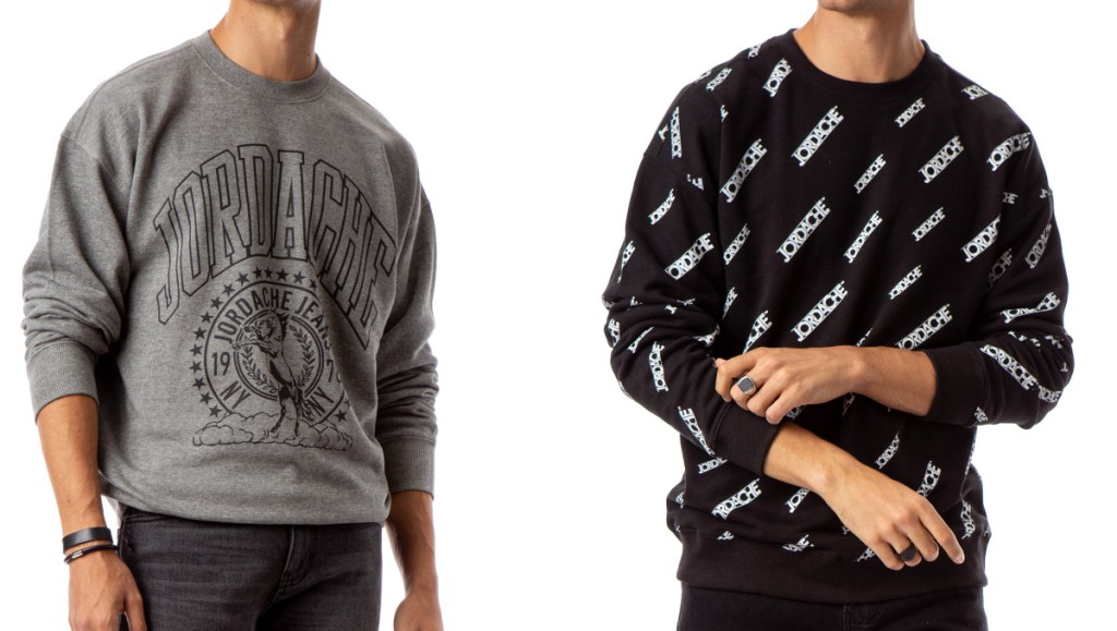 two men wearing Jordache brand vintage sweatshirts