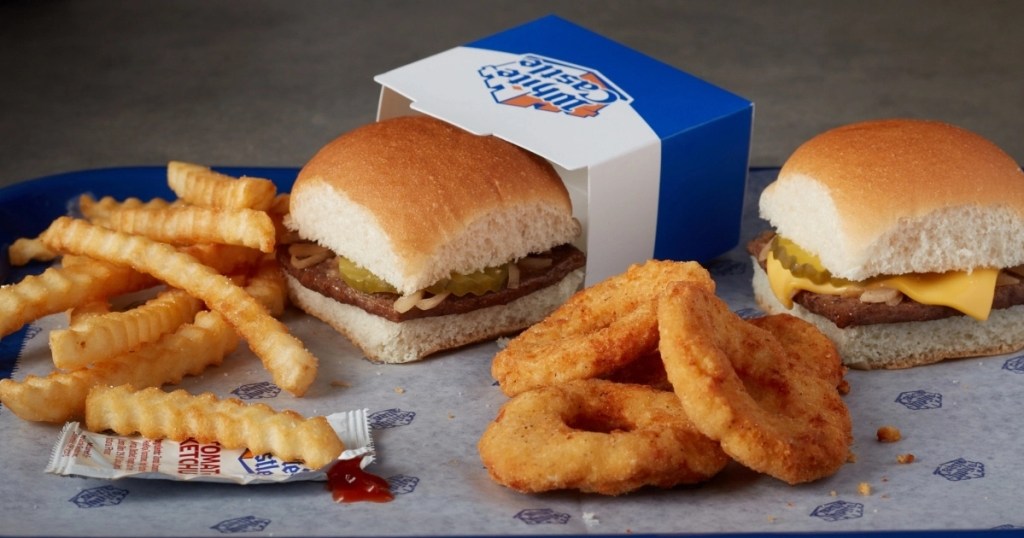 White Castle sliders, fries, and onion rings