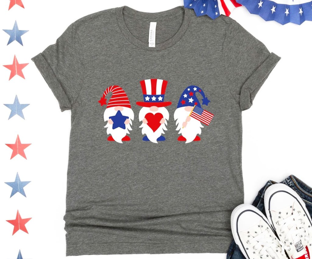 grey tee with three patriotic gnomes on it