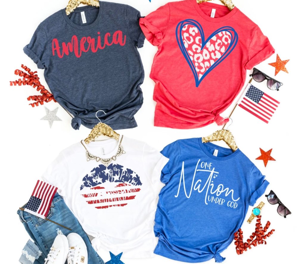 four women's patriotic graphic tees on gold sequin hangers