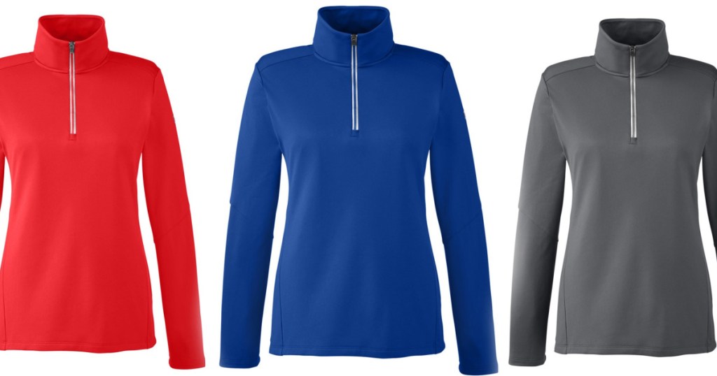 three women's athletic pullovers