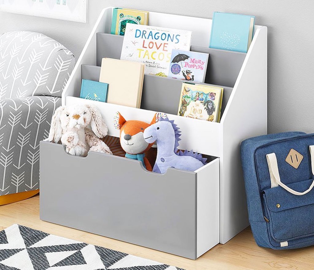 grey kids bookshelf with pull out drawer
