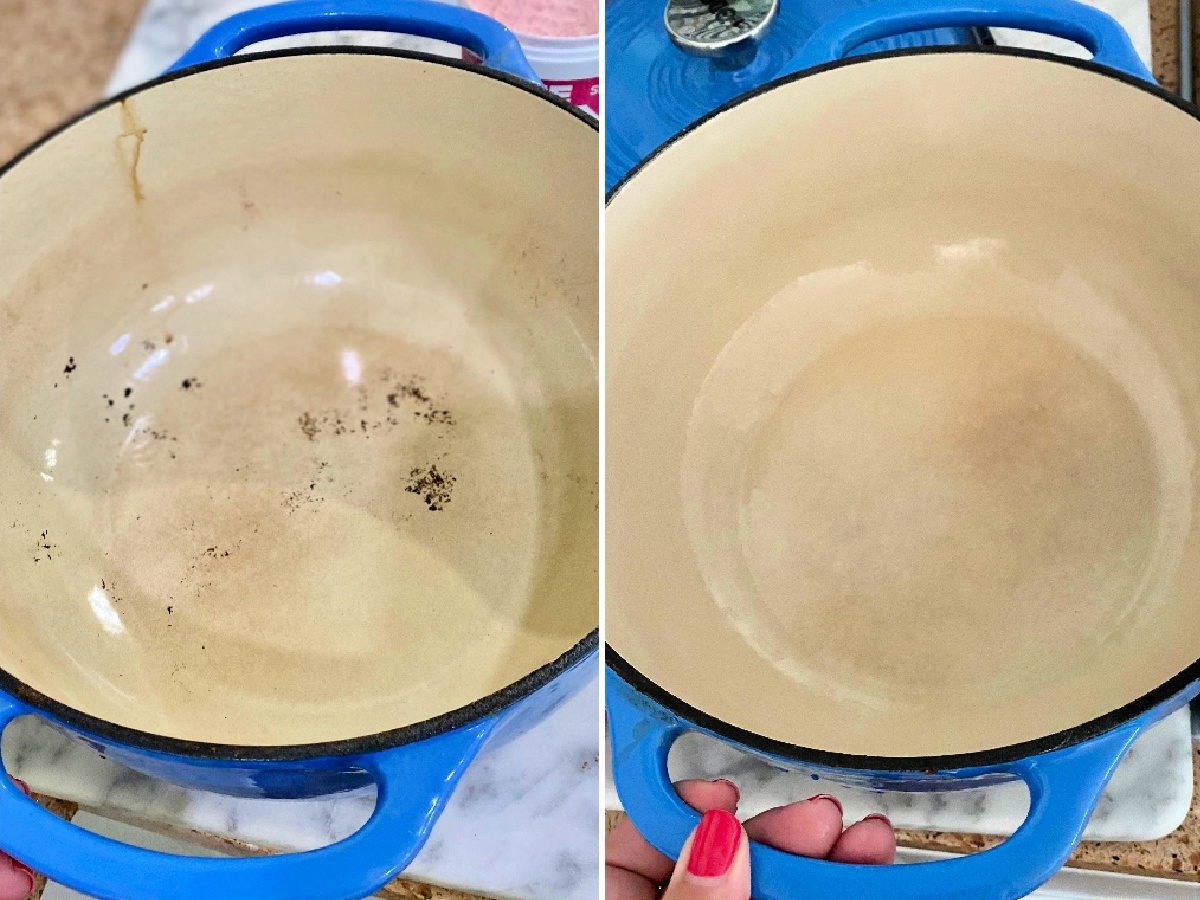 before an after cleaning enamel cast iron with Pink stuff