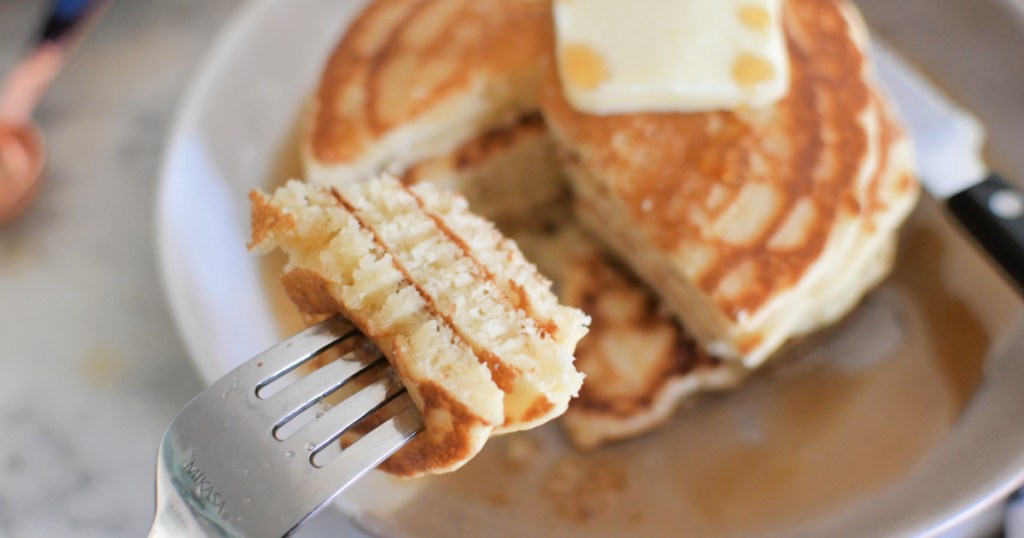 bite of homemade pancake from scratch