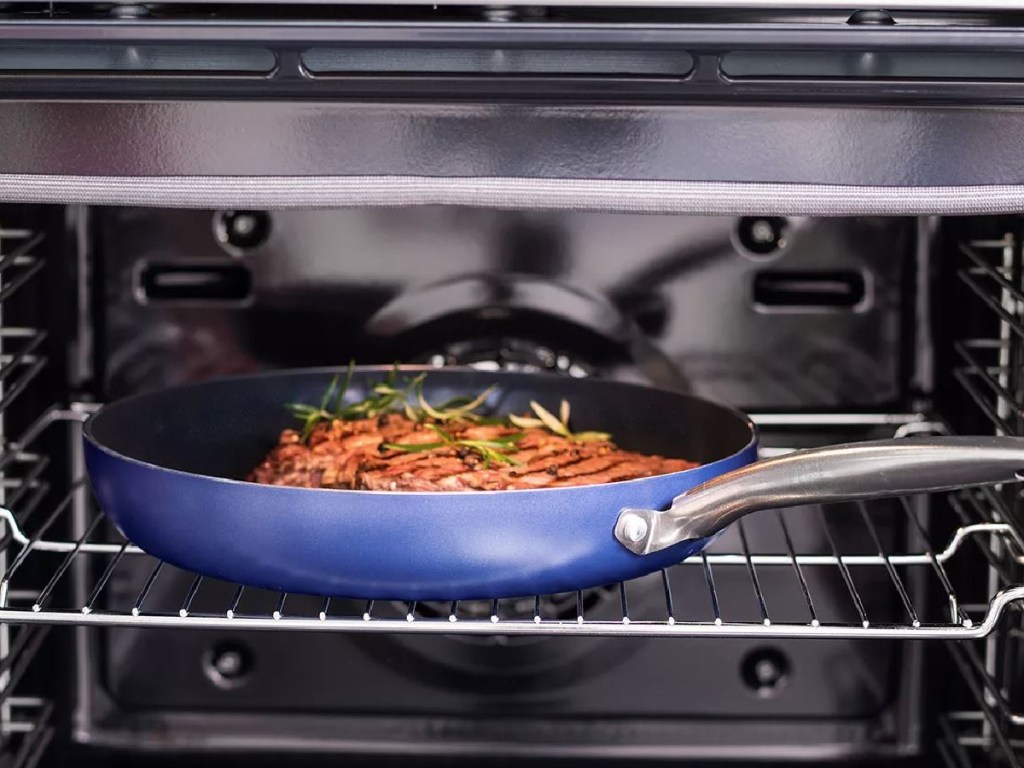 blue saucepan sitting inside open oven
