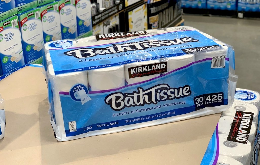 package of kirklands toilet paper on table in store - what to buy costco