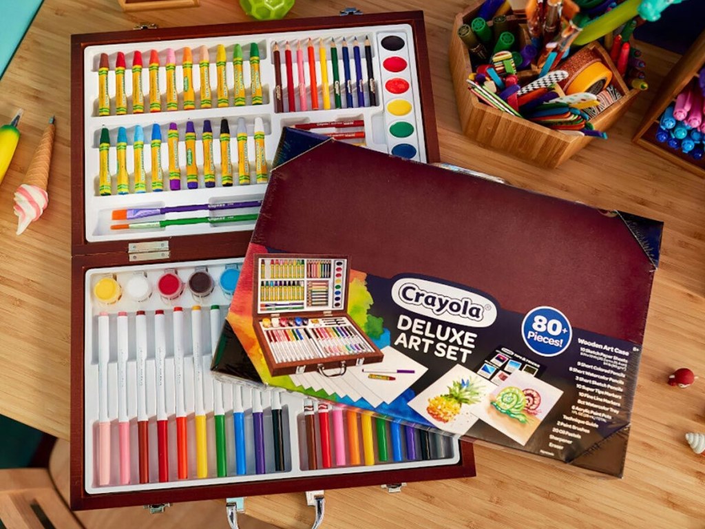open art set with paints and oil pastels