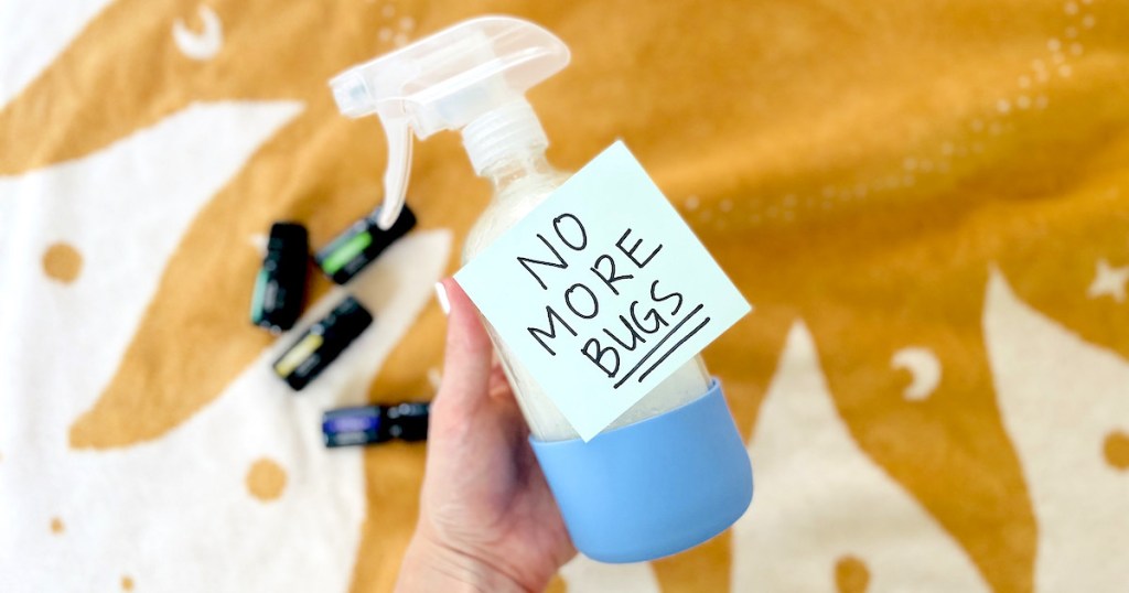 hand holding spray bottle with no more bugs sign on front
