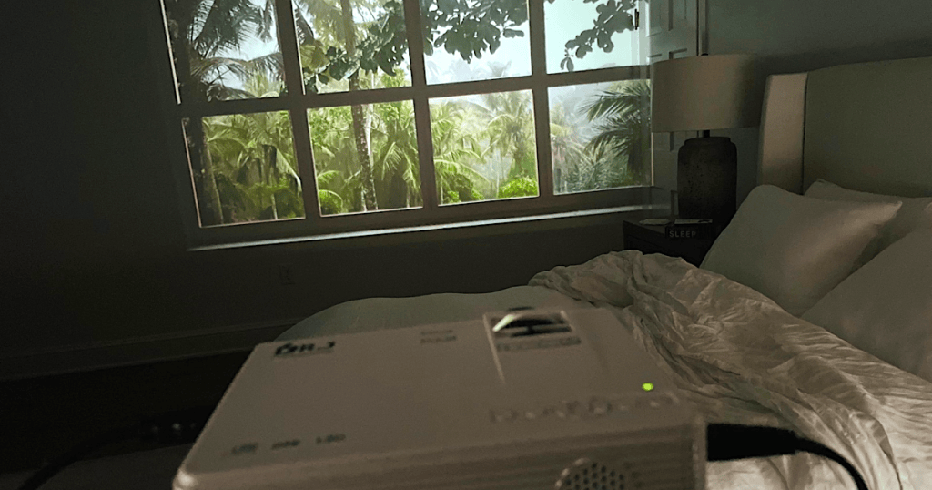 projector showing faux window with rainforest