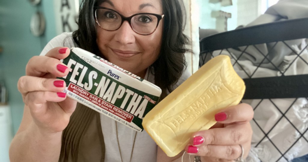 woman holding fels naptha laundry bars