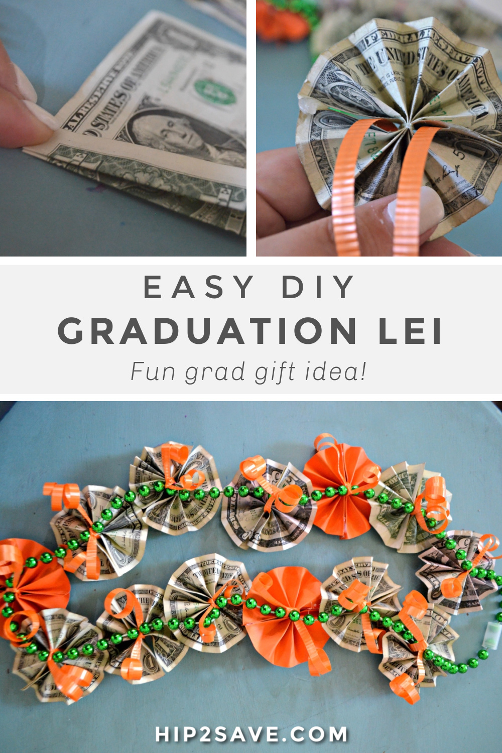 Graduation Money Lei good 20 Crisp New Bills Folded Orange & Gray W/ White Beads