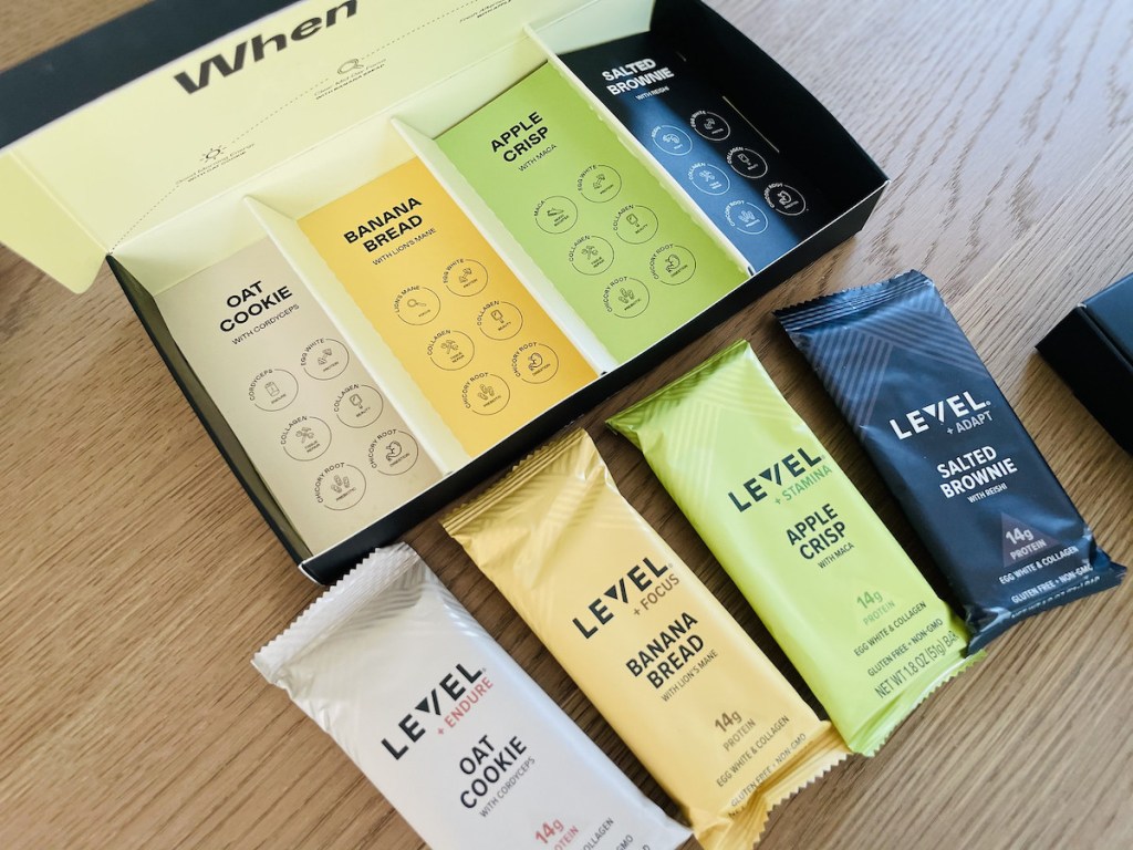 package of level foods protein bars on table