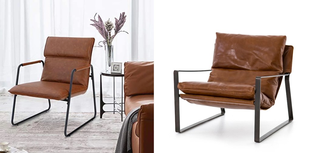 side by side stock photos of brown leather accent chair