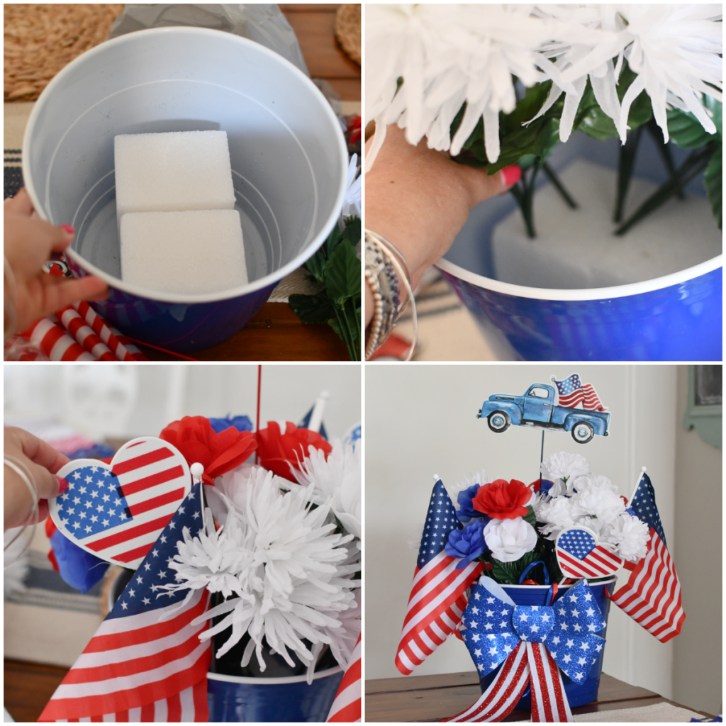 making a bucket centerpiece with party supplies Dollar Tree