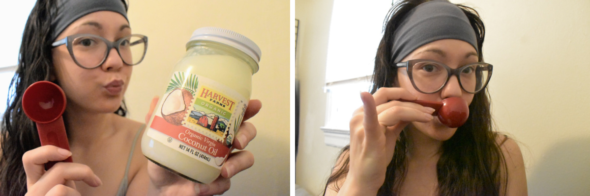 woman holding coconut oil and tablespoon with oil in mouth oil pulling