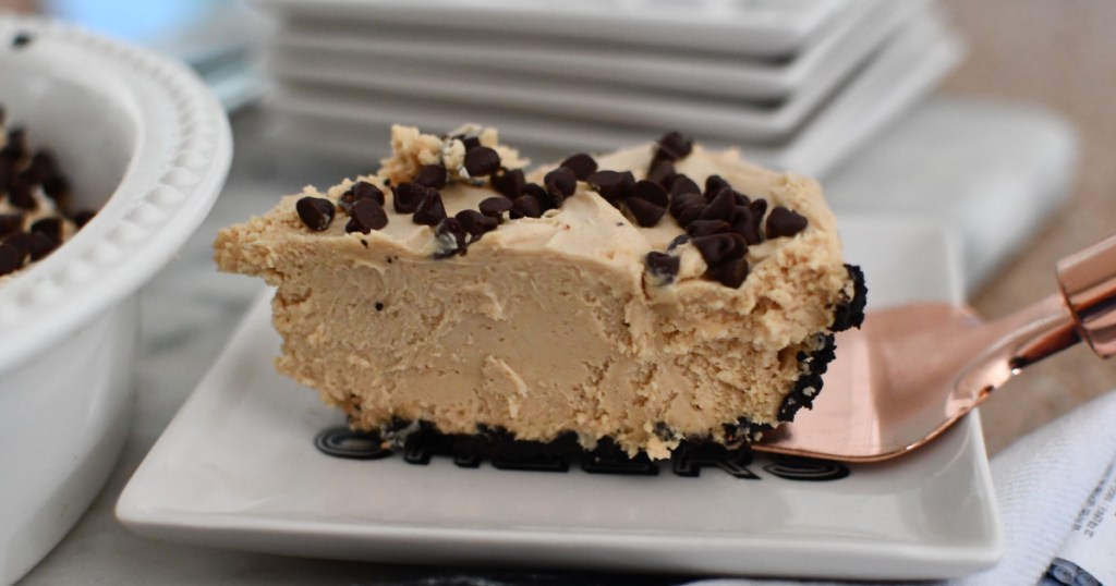 slice of peanut butter pie with mini chocolate chips on top 