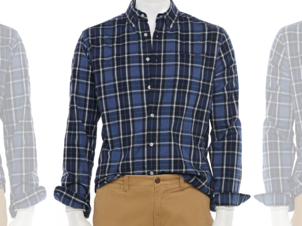male mannequin in plaid button up shirt
