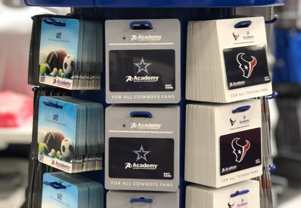 rack of Academy Sports Gift Cards